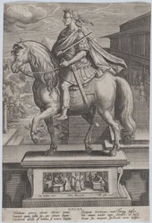 Levy 7: Galban ratsastuspatsas, profiilissa vasemmalla, jossa pään mestauskohtaus..., n. 1587-89.