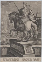 Levy 8: Othon ratsastajapatsas takaa katsottuna, taustalla hänen kuolemansa..., n. 1587-89.