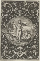 Venus ja Amor koristeellisessa kehyksessä groteskeilla, Pariisin tuomiosta..., n. 1580-1600.