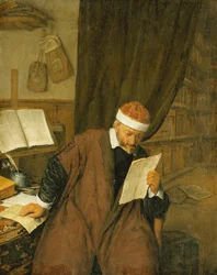 Asianajaja istuu pöydän ääressä lukemassa kirjettä, kirjasto takana, 1668