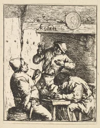 Laulaja seisoo kahden tupakoijan välissä, 1610-85.