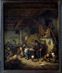 Koulumestari Scene-luokka, vanha opettaja, jolla on pieniä oppilaita suosikkitaustoista. Adrien van Ostaden (1610-1685) maalaus 1662 Su. 0,4x0,32 m