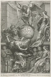 Allegorinen otsikkosivu, jossa kaadettu Envy Nimisivu: C. Hazart, Kerckelycke historie, 1669