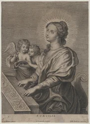 Pyhä Cecilia soittaa urkuja, vasemmalla kaksi puttoa, noin 1654-77.