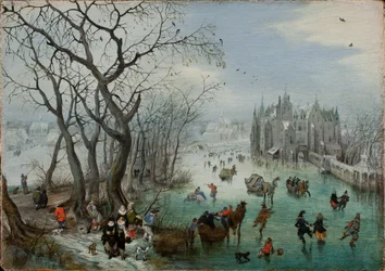Talvimaisema luistelijoiden kanssa lähellä linnaa, 1615
