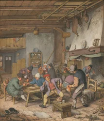 Huone majatalossa, jossa talonpojat juovat, tupakoivat ja pelaavat backgamia, 1678.