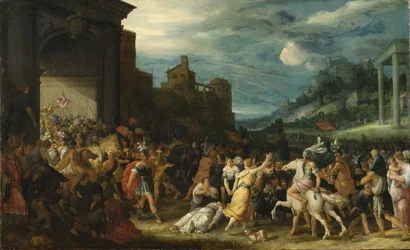 Les Horace entrent dans Rome - Horatii saapuu Roomaan, kirjoittanut Stalbemt, Adriaen, van (1580-1662). Öljy puulle. Mitat: 67 x 109 cm. Tukholman kansallismuseo