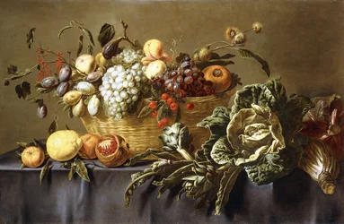 Hedelmäkori päällystetyllä pöydällä, n. 1635