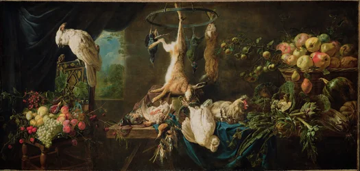 Asetelma, jossa on riistaa, vihanneksia, hedelmiä ja kakadu, 1650