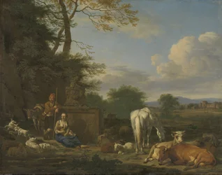 Arkadialainen maisema, jossa on lepääviä paimenia ja eläimiä, 1664 (öljy kankaalle, paneelille)
