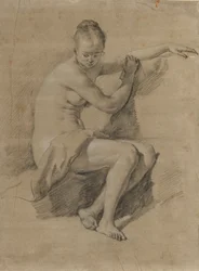 Istuva nainen alaston, n. 1660-70 (mustavalkoinen liitupiirros)