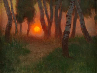 Auringonlasku metsäisessä maisemassa (öljy paneelille)