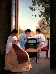 Adriano Cecionin (1836-1886) brodeeraajat, öljy kankaalle, 52x41 cm yksityiskohta