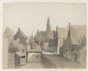Näkymä kanavalle Haarlemissa, taustalla St. Bavo Haarlem (otsikko esineessä)