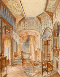 Maurilaistyylisen kylpyhuoneen sisustus, kuvitus teoksesta "La Décoration Intérieure", julkaistu n. 1893-94