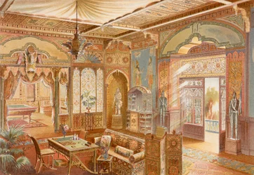 Pelihuone assyrialaistyyliin, kuvitus "La Decoration Interieure" -julkaisusta, julkaistu n. 1893-1894 (värilitho)