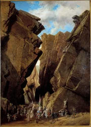 Ranskan Algerian kolonisaatio: "" Rautaportin läpikulku Algeriassa 28.10.1839"" Orléansin herttuan vuonna 1839 johtama ranskalainen retkikunta ylittää Bibanien käytävän. Adrien Dauzatsin (1804-1868) maalaus 1869 su. 1,46x1,05 m Orlea
