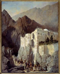 Näkymä Pyhän Katariinan luostarista Siinai-vuorella Adrien Dauzatsin (1804-1868) maalaus 1845 su. 1,3x1,04 m