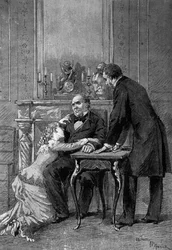 Teatteriesitys: Auguste Vacquerien (1819-1895) ""Jean Baudry" -elokuvan 1. näytös, mukana Miss Bertet (Andree), Mr. Barre (Bruel), Edmond Got (1822-1901) (Jean Beaudry). Pariisi, Comedie Francaise
