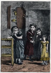 Thénardierin kaksi tytärtä, Éponine ja Azelma, katselevat Cosettea, joka sai Catherine-nuken - Adrien Marien (1848-1891) kuvitus Victor Hugon (1802-1885) teokseen "Kurjat - Toinen osa: Cosette", 1862