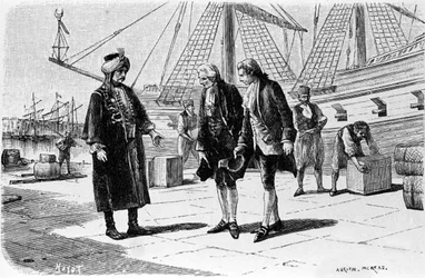 Adrien Moreaun (1843-1906) kaiverrus, joka kuvaa Francois Marie Arouet dit Voltairen (1694-1778) "" Candidea".