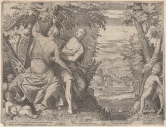 Angelica ja Medoro, he seisovat puron vieressä, kun Medoro kaivertaa heidän nimensä tr..., 1590-98.