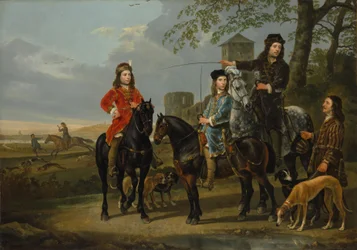 Cornelis ja Michiel Pompe van Meerdervoortin ratsastajamuotokuva ja heidän ohjaajansa ja valmentajansa metsästykseen lähdössä, noin 1652-53.