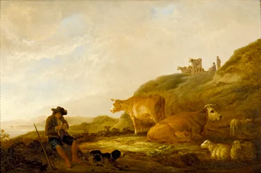 Istuva paimen lehmien ja lampaiden kanssa niityllä, c1644