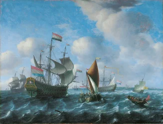 Mies"o"sota, mahdollisesti Het Wapen van Utrecht, leveä laiva ja perä sloop jäykässä tuulessa, 1671