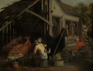 Pariskunta rakastelemassa maalaismajoituksessa, noin 1570-1590 (öljy paneelille).