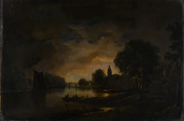 Jokinäkymä kuunvalossa, noin 1850-1875 (öljy kankaalle)