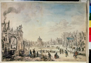 Talvimaisema luistelijoiden kanssa. Piirustus: Aert Van der Neer (1603-1677)