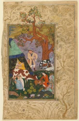 Awhadin folio divaanista (kokoelmia runoja); versio: An Campment, Herat, Afganistan, 1615-1616 (läpinäkymätön akvarelli, muste ja kulta paperille)