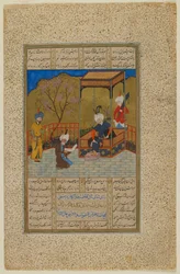 Folio khamsasta (kvintetti), kirjoittanut Amir Khusraw Dihlavi; verso: Amir Khusraw esittelee runokirjan Alauddin Khaljille, Balkh, Afganistan, Safavid-kausi, 1503-04 (läpinäkymätön akvarelli, tussi ja kulta o