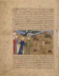Folio Hafiz-i Abrun Majma al-tawarikhista (Historiakokoelma); recto: Jeesus ja Sam, Timuridikausi, n. 1425 (läpinäkymätön akvarelli, muste ja kulta paperille)