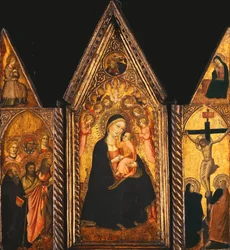 Kannettava triptyykki, jossa on Madonna ja enkeleiden valtaistuimella oleva lapsi,