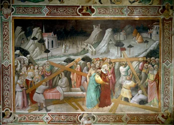 Legenda todellisesta rististä: "Pyhä Helene (248-328), Rooman keisarin Konstantinus I:n (272-337) äiti, löytää Pyhän Ristin Palestiinasta" Agnolo Gaddin (noin 1350-1396) fresko. 1300-luvun Santa Crocen kirkko, Firenze.