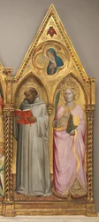 Pyhä Bernard ja pyhä Katariina Aleksandrialainen ja Neitsyt Marian ilmestys (oikea paneeli), vähän ennen vuotta 1387 (tempera poppelipaneelille).