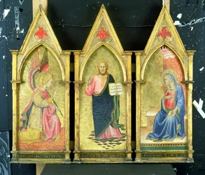 Arkkienkeli Gabriel; Kristus Vapahtaja; Neitsyt ilmestys kultahiotuilla paneeleilla,