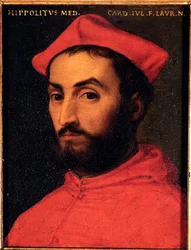 Kardinaali Ippolito de Medicin (1511-1535) muotokuva Allori Angelo di Cosimo dit Bronzinon (1503-1572) maalaus - 1500-luvun aurinko 15x12 cm Medici-Riccardin palatsi (Medici Riccardi) Firenze