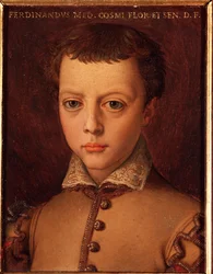 Muotokuva Ferdinand I:stä Medicis (Ferdinando I de Medici) (1549-1609) nuori poika Allori Angelo di Cosimo dit Bronzinon (1503-1572) maalaus 1500-luvulla Aurinko 15x12 cm Palatsi Medici-Riccardi (Medici Riccardi) Firenze