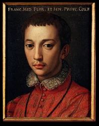 Muotokuva Francois I of Medici (Francesco I de Medici) (1541-1587) Nuoren pojan maalaus Allori Angelo di Cosimo dit Bronzino (1503-1572) 1500-luku Aurinko 15x12 cm Palatsi Medici-Riccardi (Medici Riccardi) Firenze