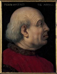 Pierfrancesco di Lorenzo de Medicis vanhimman (1430-1476) muotokuva (Pierfrancesco de Medicin vanhimman muotokuva italialainen pankkiiri ja diplomaatti, Firenzen Medicien talon jäsen) Bronzinon (Agnolo di Cosimo) maalaus (1503-1572) Koko 15x12 cm