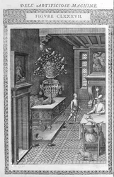 Suihkulähde väärennettyjen lintujen laululla. Tämä on Agostino Ramellin projekti "Diverse and Artificosis Machinen" mukaan. Milano 1600.