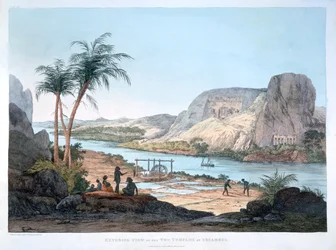 Ulkokuva kahdesta temppelistä Ybsambulissa, Egyptissä, 1820