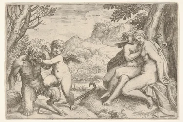 Rakkaus valloittaa kaiken Omnia vincit Amor taistelussa satyyrin kanssa Amor asettaa oikean kn..., 1599.