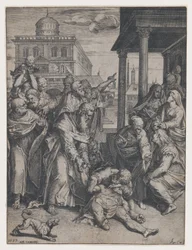 Pyhä Paavali kasvattaa Patroklosta, joka on maassa katsojien joukon ympäröimänä, ..., 1583.