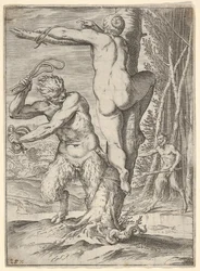 Satyyri ruoskii takaa kuvattua, puuhun sidottua nymfiä, toinen satyyri..., noin 1590-95