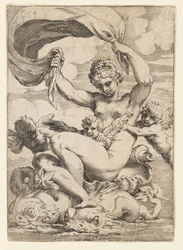 Venus (tai Galatea) ja delfiinien tukemat Cupidit