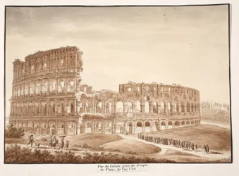 Näkymä Colosseumiin Venuksen temppelistä, 1833 (etsaus ja ruskea pesu)